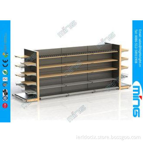 Wood And Metal Supermarket Display Shelves Light Duty With
